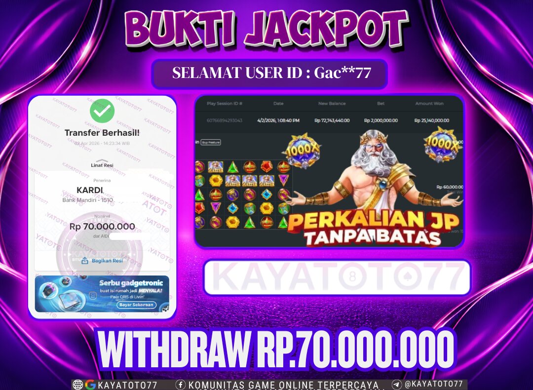 KAYATOTO77 - Bukti Jackpot Besar Di KAYATOTO77 Dalam Permainan PRAGMATIC PLAY - GATES OF OLYMPUS X 1000