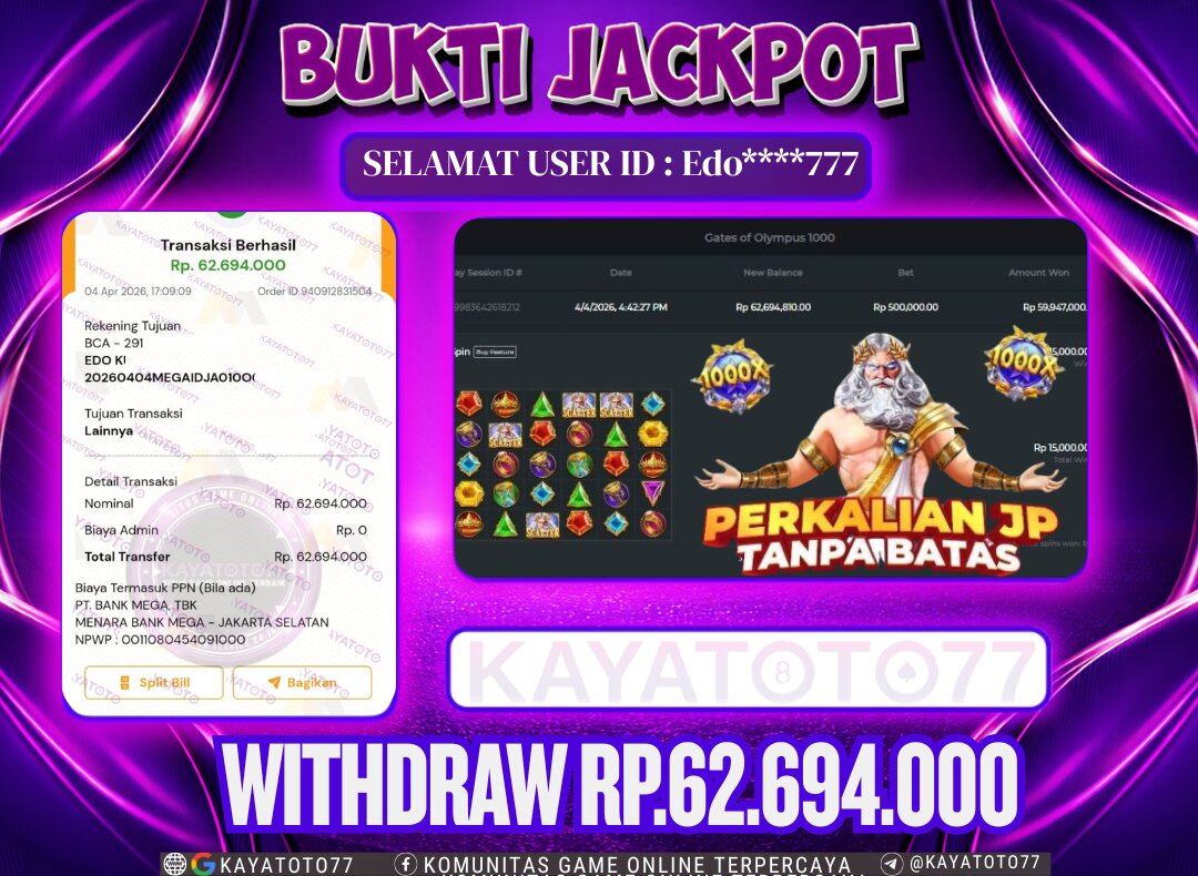 KAYATOTO77 - Bukti Jackpot Besar Di KAYATOTO77 Dalam Permainan PRAGMATIC PLAY - GATES OF OLYMPUS X 1000